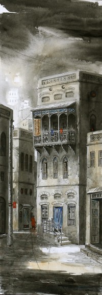 G. N. Qazi, 12 x 36 Inch, Oil on Canvas, Cityscape Painting, AC-GNQ-017